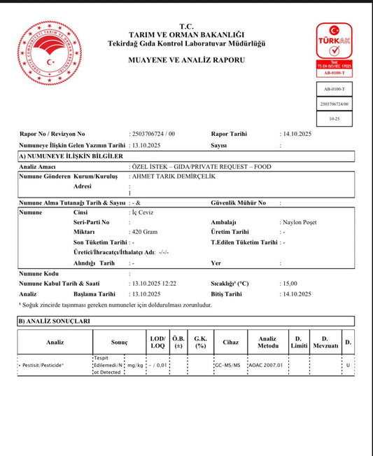 Yerli Üretim İnce Kabuklu Ceviz (Pestisit Analizli)