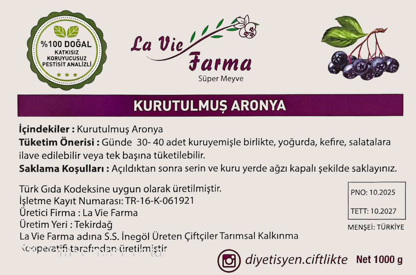 Kurutulmuş Aronya  (Pestisit Analizli, Yeni Hasat)